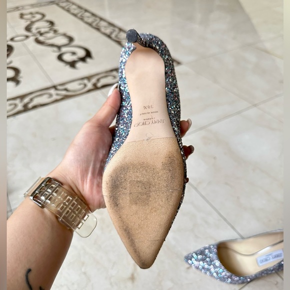 Jimmy Choo Blue Silver Glitter Love 100 Pumps Heels 38.5 Like NEW - Picture 8 of 8